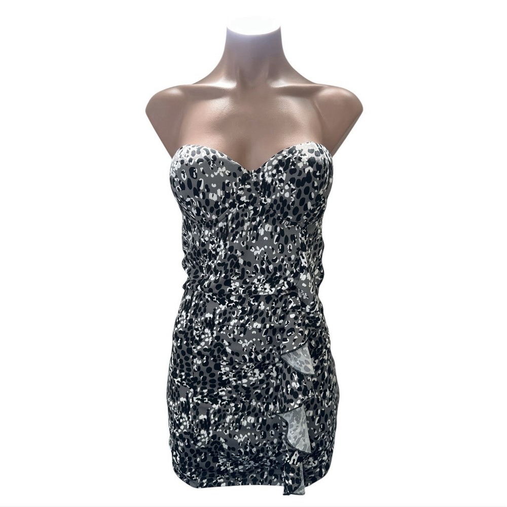 GUESS Strapless Bustier Bodycon Mini Dress Animal Print Ruffle Women's M NWT